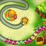 Egy rajzfilmszerű kép színes golyókkal, melyeken egy aranyos barna medve ül a spirál pálya közepén