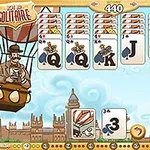 Kártyajáték képernyőkép léghajóban ülő férfival és London városi látképpel a háttérben