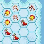Hexagonális rácsokkal elrendezett karácsonyi motívumok, köztük harangok, cukorrudak és ajándékcsizmák