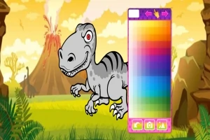 Rajzfilmstílusú dinoszaurusz színező eszközzel, vulkános háttérrel