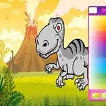 Rajzfilmstílusú dinoszaurusz színező eszközzel, vulkános háttérrel