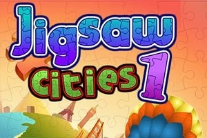 Színes Jigsaw Cities 1 felirat egy puzzle mintás háttér előtt, amely városi elemeket ábrázol