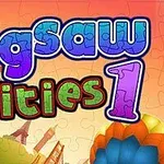 Színes Jigsaw Cities 1 felirat egy puzzle mintás háttér előtt, amely városi elemeket ábrázol