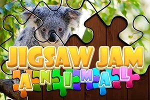 Egy koala puzzle darabokkal körülvéve, színes Jigsaw Jam Animal felirattal az előtérben