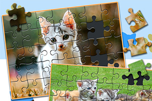 Egy macskakölyökről készült kirakó közeli képe, amelyen néhány puzzle-darab hiányzik