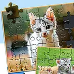 Egy macskakölyökről készült kirakó közeli képe, amelyen néhány puzzle-darab hiányzik