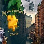 Tigris arc és városképet ábrázoló kirakós darabok, középen egy sárga puzzle alkatrész Jigsaw Puzzles Classic felirattal