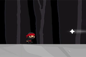 Egy rajzfilmszerű ninja piros fejpánttal fut egy szürke háttér előtt, sötét erdőben