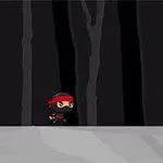 Egy rajzfilmszerű ninja piros fejpánttal fut egy szürke háttér előtt, sötét erdőben