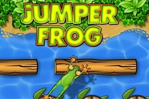 Egy béka ugrik fatörzsre egy folyón, a háttérben dús zöld növényzettel és a Jumper Frog felirattal