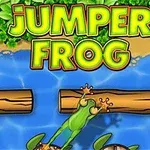 Egy béka ugrik fatörzsre egy folyón, a háttérben dús zöld növényzettel és a Jumper Frog felirattal