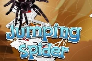 Egy fekete pók kártyák és a Jumping Spider felirat előtt barna háttérrel