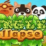 Bagoly, majom, mosómedve és panda grafikája zöld levelek és Jungle Collapse felirat előtt