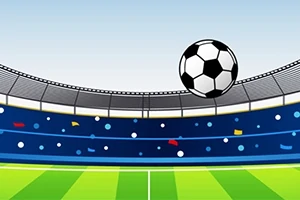 Egy focipálya látképe háttérben stadionnal és lebegő focilabdával