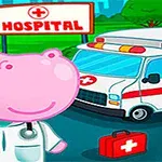 Rajzolt víziló orvos jelmezben egy mentőautó és a kórház bejárata előtt
