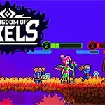 Pixelgrafikás karakterek harcolnak egy színes, fák által keretezett platformon, zöld és piros életcsíkokkal a fejük felett
