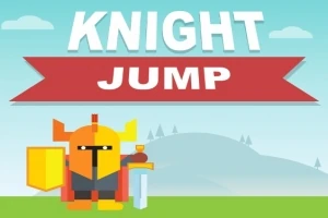 Rajzfilmszerű lovag pajzzsal és karddal egy hegyvidéki háttér előtt, a KNIGHT JUMP felirat alatt