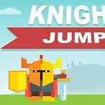 Rajzfilmszerű lovag pajzzsal és karddal egy hegyvidéki háttér előtt, a KNIGHT JUMP felirat alatt