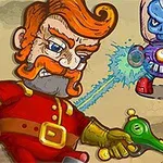 Egy rajzfilmszerű vörös hajú férfi lézersugárral lő egy kék fejű robotra