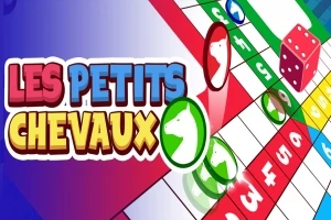 Táblás játék színes mezőkkel és dobókockával, a bal oldalon a Les Petits Chevaux felirat látható