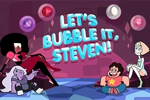 Három rajzfilmfigura ül egy színes háttér előtt, a középső részen „Let’s Bubble It, Steven!