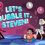 Három rajzfilmfigura ül egy színes háttér előtt, a középső részen „Let’s Bubble It, Steven!