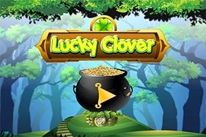 Egy erdőben fekete üst, tele aranyérmékkel, alatta egy játékgombbal, és fölötte a Lucky Clover felirat látható