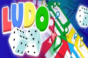 Színes játéktábla háttérrel, három dobókockával és a LUDO felirattal