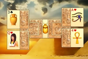 Kártyalapok egyiptomi témájú háttérrel és szimbólumokkal, például egy amfora, egy női alak, és az élet kulcsa jele