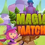 Rajzfilm stílusú varázslólány rózsaszín hajjal, kalappal, egy kastély előtt, körülötte fenyőfák, felül nagy betűkkel a Magic Match felirat