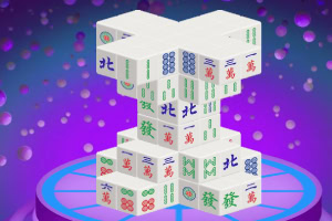 Mahjong kockák lebegnek egymás felett egy lila-kék háttér előtt, buborékokkal körülvéve