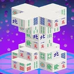 Mahjong kockák lebegnek egymás felett egy lila-kék háttér előtt, buborékokkal körülvéve
