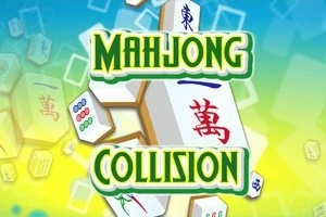 Színes, mahjong csempékkel és zöld betűkkel írt Mahjong Collision szöveggel ellátott kép, élénk kék és sárga háttérrel