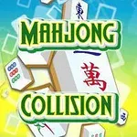Színes, mahjong csempékkel és zöld betűkkel írt Mahjong Collision szöveggel ellátott kép, élénk kék és sárga háttérrel
