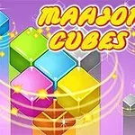 Színes, egymásra helyezett kockák lila háttérrel, rajtuk Mahjong Cubes felirat