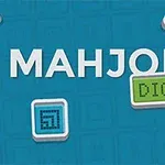 Kék háttér előtt MAHJONG DIGITAL felirat, körülötte különböző színű és mintájú négyzet alakú elemek