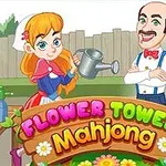 Fiatal lány öntözőkannával és mosolygó bajuszos férfi állnak egy kertben, háttérben kerítés és bokrok, elől virágokkal díszített Flower Tower Mahjong felirat