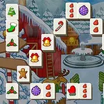 Téli táj színes karácsonyi motívumokkal díszített mahjong kövek előtt, havas tetőkkel és fenyőkkel