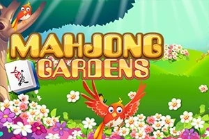 Színes, virágos kertben egy rajzolt madár látható, mellette a MAHJONG GARDENS felirat szerepel nagy betűkkel
