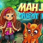 Egy piros hajú lány és egy narancssárga macska áll a színes erdőben világító gombák és növények között, a háttérben „MAHJONG QUEST MANIA” felirattal