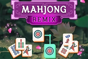 Lila és rózsaszín címfelirat Mahjong Remix felirattal, zöld háttérrel és különféle mahjong lapkákkal körülvéve, virágos és madaras mintákkal
