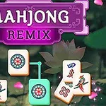 Lila és rózsaszín címfelirat Mahjong Remix felirattal, zöld háttérrel és különféle mahjong lapkákkal körülvéve, virágos és madaras mintákkal