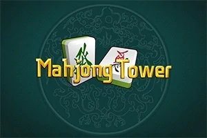 Két mahjong kocka és a Mahjong Tower szöveg sötétzöld háttér előtt