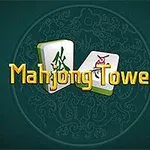 Két mahjong kocka és a Mahjong Tower szöveg sötétzöld háttér előtt