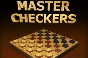 Világos és sötét korongokkal teli dámatábla a Master Checkers aranyszínű felirattal