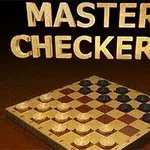 Világos és sötét korongokkal teli dámatábla a Master Checkers aranyszínű felirattal