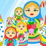 Színes matrjoska babák különböző méretekben, színes ruhákkal és virágmintákkal