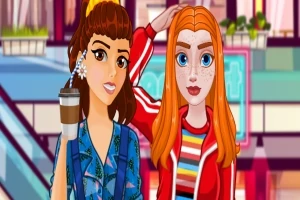Két animált lány közül az egyik kávét tart a kezében, a hátterükben egy bevásárlóközpont látható
