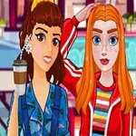 Két animált lány közül az egyik kávét tart a kezében, a hátterükben egy bevásárlóközpont látható