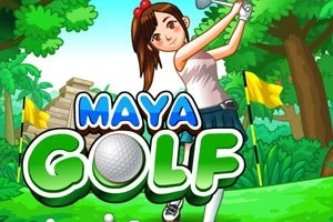 Egy rajzolt lány golfot játszik egy zöld mezőn, háttérben fákkal és sárga zászlókkal, Maya Golf felirattal